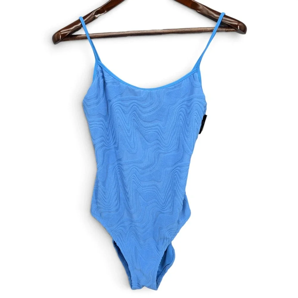 Bar III Heat Wave Textured Tie-Back One Piece Swimsuit M Cobalt Blue NWT